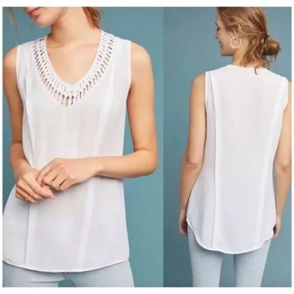 ✨Anthropologie Maeve La Vista White Cutout V-Neck Structured Tank✨ - Picture 1 of 10